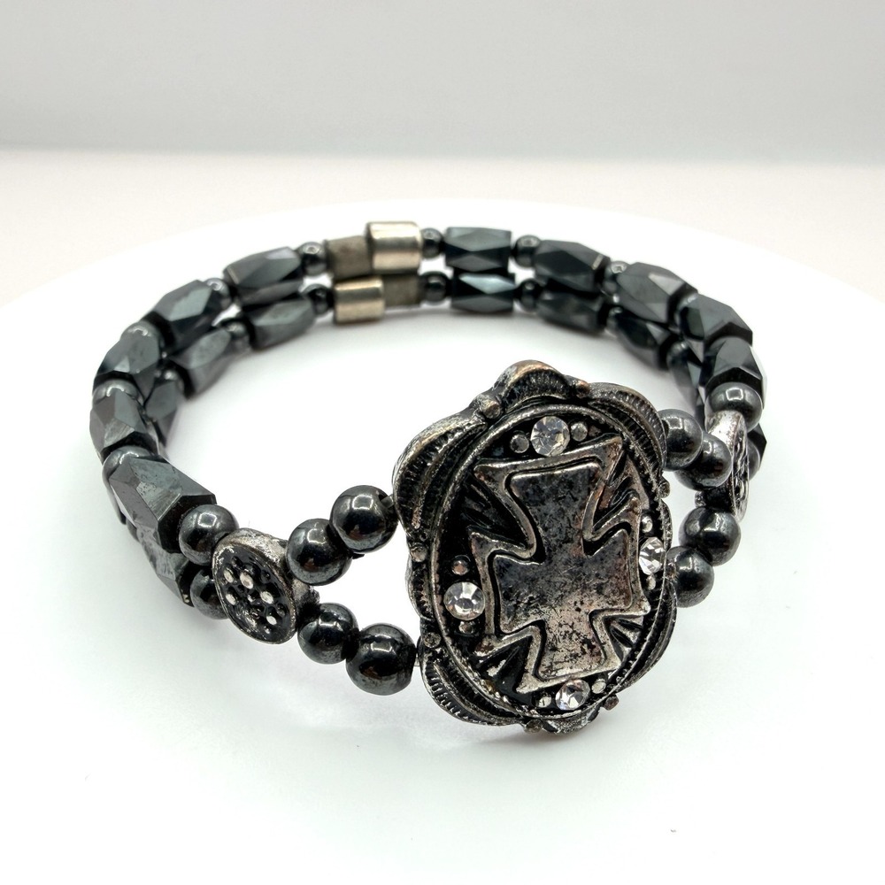Gunmetal Tone Double Strand Bracelet Maltese Cross Rhinestone Bold Statement 90s